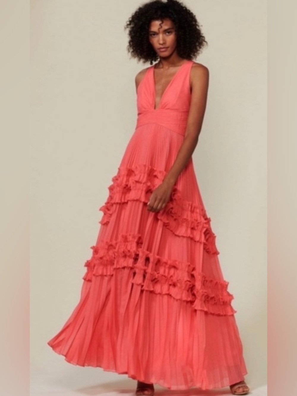 Halston Heritage Coral-Pink Ruffle Tiered Maxi Dress